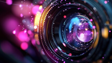 Wall Mural - abstract close-up of a camera lens with colorful bokeh background and bright sparkles illustrating p
