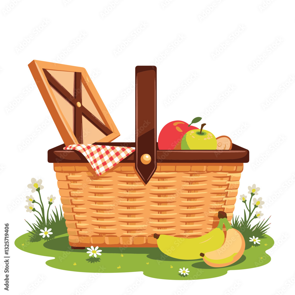Wicker picnic basket with fruits on grass, outdoor leisure Stock Vector ...