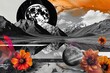 © Aleksandra Konoplya - Surreal collage features black and white mountains, moon, vibrant orange flowers. Retro 70s, funky style, bold contrast, dreamlike landscape. Posters, album covers, digital illustrations.