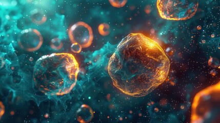 abstract sphere shapes in a blue-green and orange galaxy