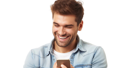 Happy man smiling and using smartphone on transparent background