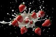 © Riz - Red Strawberries Splashing in Creamy Milk on Black Background