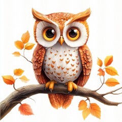 Cute Cartoon Owl with Big Eyes Perched on Branch Surrounded by Autumn Leaves and Nature Vibes
