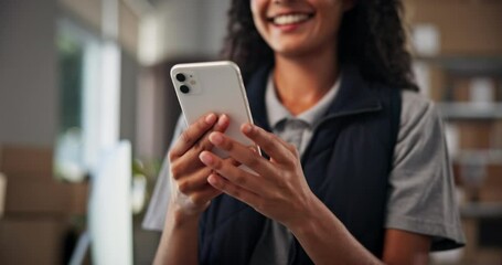 Aufkleber - Phone, hands and woman in office for logistics, shipping notification and scroll email. Mobile, warehouse and ecommerce worker online for distribution, smile and chat with business client for order