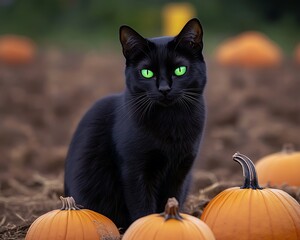 spooky black cat with glowing green eyes sitting on a pumpkin patch at dusk