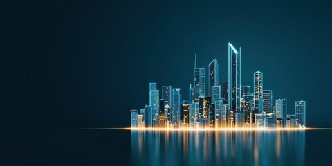 Fototapete - A futuristic city skyline illuminated against a dark background, showcasing modern architecture and reflective surfaces.