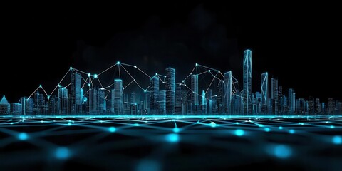 Fototapete - A futuristic city skyline illuminated by blue lights, showcasing digital connections and data patterns across a virtual landscape.