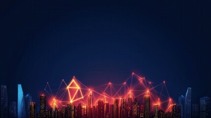 Fototapete - A vibrant city skyline illuminated by glowing geometric shapes against a deep blue background, suggesting a blend of technology and urban life.