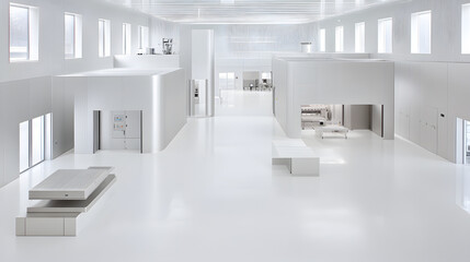 Fototapete - A modern, minimalistic interior space featuring white walls, large windows, and sleek furniture, creating a bright and open atmosphere