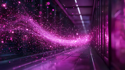 Fototapete - A vibrant, swirling trail of pink sparkles glows in a modern corridor, creating a dynamic and magical atmosphere