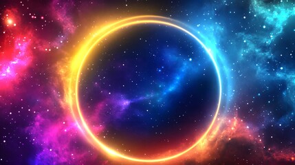 A vibrant glowing circle surrounded by colorful cosmic nebulas