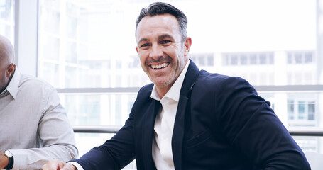 Aufkleber - Corporate, portrait and smile with business man in meeting at office for collaboration, development or planning. Career, proud and satisfied with mature employee in seminar or workshop for training