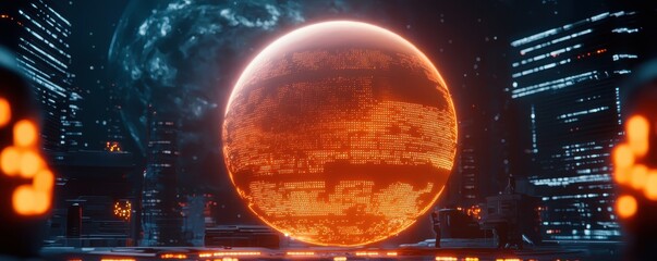 Fototapete - A futuristic cityscape featuring a large glowing orange orb, surrounded by sleek buildings and a cosmic background.
