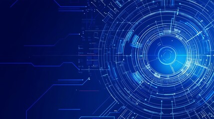 abstract blue technology background featuring circular patterns and glowing lines in a digital desig