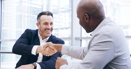 Aufkleber - Businessmen, meeting or handshake with partnership for contract agreement, deal or B2B at office. Business people, employee or colleagues shaking hands with smile for onboarding, recruiting or hiring