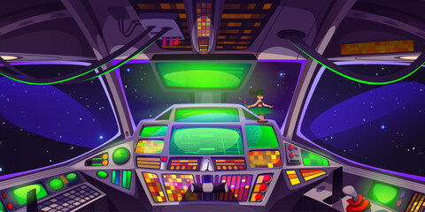 Wall Mural - futuristic cockpit of sci fi spaceship. illuminated control panels, buttons and levers for spacecraf