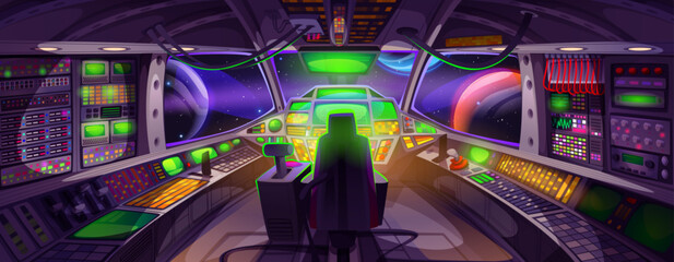 Wall Mural - spaceship cockpit interior - futuristic control panels, neon glowing displays, colorful buttons, swi