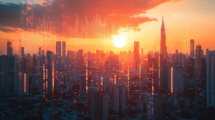 Fototapete - Dramatic sunset over cityscape with overlayed financial data.