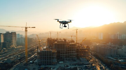 Aufkleber - Drone flying over construction site at sunset.