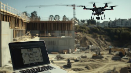 Aufkleber - Drone surveying construction site; laptop displays site map.