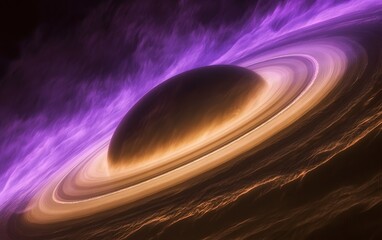 Wall Mural - 62. a gas giant surrounded by bright, glowing rings of ice and dust, with swirling purple clouds in 