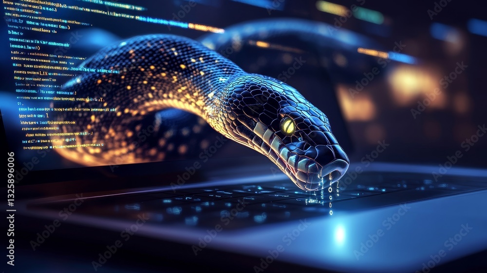 python code with a digital snake out of the laptop screen, programming, representing the programming training data engineering