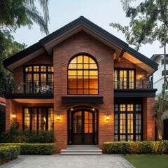 Aufkleber - Elegant Brick Home Exterior at Dusk: Warm Lights Illuminating a Classic Architectural Design