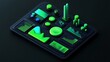 © BerkahStock - Isometric 3D render of a digital dashboard with various charts and graphs displaying data.
