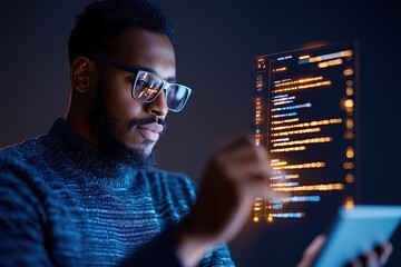 Focused individual using a tablet with digital code displayed, highlighting technology and innovation.