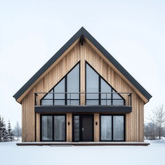 Aufkleber - Modern A-Frame Cabin in Winter Landscape: A Sleek Scandinavian Design with Wood Siding and Triangular Windows.