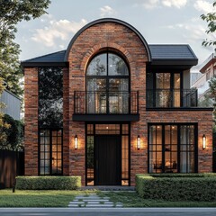 Aufkleber - Modern Brick House with Arched Window and Balcony: A Stylish Residential Facade