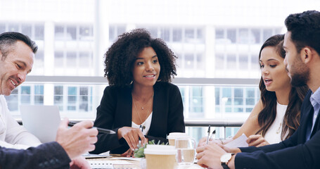 Poster - Business woman, discussion and people with meeting, feedback and manager for office and documents. Papers, teamwork and talk with portfolio, growth strategy or project report for finance training