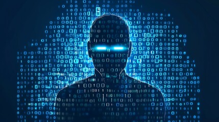Hacker silhouette surrounded by glowing binary code representing cyber threats and data security