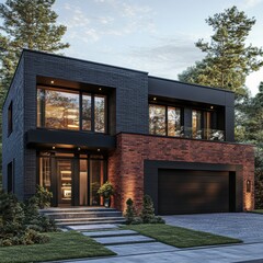 Aufkleber - Modern Two-Story Home with Mixed Brick Facade and Landscaped Entrance, Featuring Large Windows and Integrated Garage.