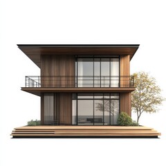 Aufkleber - Modern Two-Story Home with Wood Cladding, Large Windows, Balcony, and Deck, Surrounded by Greenery on a White Background