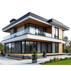 Aufkleber - Modern Two-Story Home with Wood and Concrete Accents, Large Windows, Balcony, and Beautiful Landscaping Surrounding the Property.