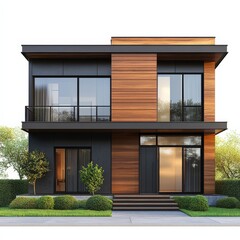 Aufkleber - Modern Two-Story House with Wood and Dark Paneling, Expansive Windows, and Lush Greenery for a Stylish Exterior.