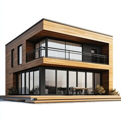 Aufkleber - Modern Two-Story House with Wooden Exterior and Glass Balcony, Minimalist Design in Warm Tones, Architecture
