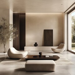 Poster - Serene Interior: A Minimalist Living Room with Neutral Tones, Natural Light, Sculptural Furniture, and a Seamless Connection to Nature.