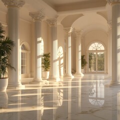 Poster - Sun-Drenched Grand Hallway: An Elegant Architectural Space with Marble Floors and Classical Columns bathed in Golden Light 