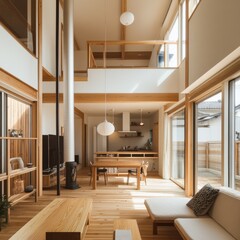 Aufkleber - Sunlit Harmony: Modern Japanese Home Interior with Wooden Accents and Open Space Design for Tranquil Living