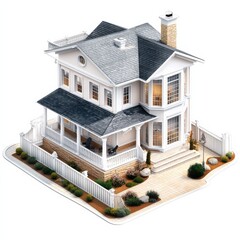 Aufkleber - Two-Story Modern House with Gray Shingle Roof, Elegant Porch, and Landscaped Yard on a White Background