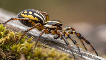 Wall Mural - intricate arachnid: detailed macro shot of a vibrant spider perched on a mossy log, showcasing its s