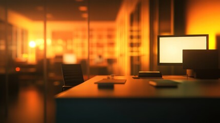 Poster - Empty modern office at night, illuminated by warm light, showing desks, computers, and chairs.
