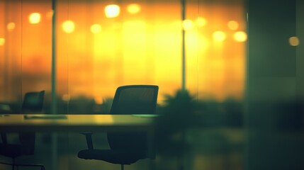 Poster - Empty modern office conference room at night, blurred city lights background.