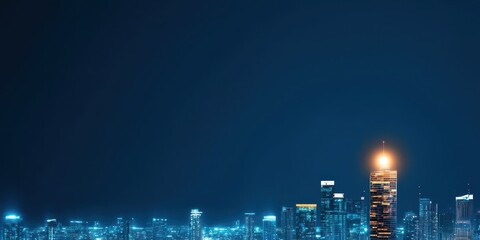 Fototapete - A vibrant city skyline at night, illuminated by buildings and a bright tower, set against a deep blue sky.