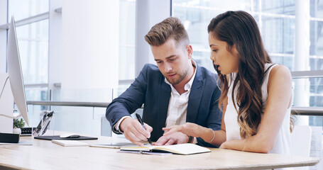 Poster - Writing notes, business people and team planning in office, brainstorming ideas and training. Collaboration, book and discussion for investment, financial strategy and mentor coaching intern for help