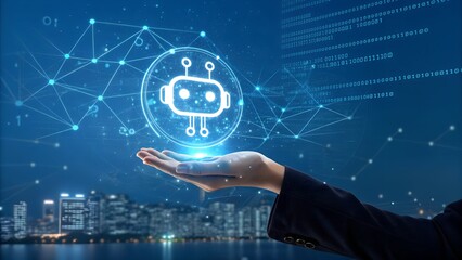 Wall Mural - hand holding chatbot globe with network connecting data. chatbots are part of digital technology, ut