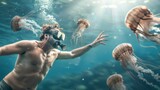 Man Swimming Underwater with Jellyfish in Clear Blue Ocean Water