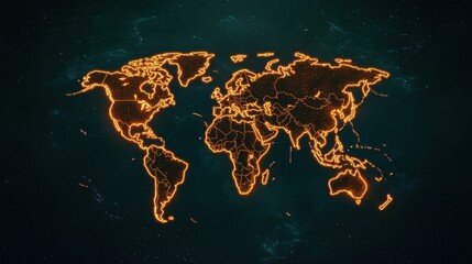 Fototapete - A glowing world map in orange against a dark background, highlighting global connectivity and geographical outlines.